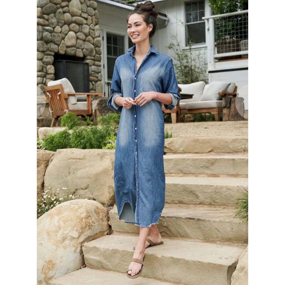 Frank & Eileen Rory Maxi Shirtdress Large L Blue Denim Button Front Long Dress